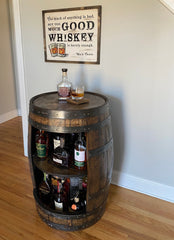 Whiskey Barrel Liquor Cabinet | Handcrafted from an Authentic Whiskey Barrel | Personalization Available