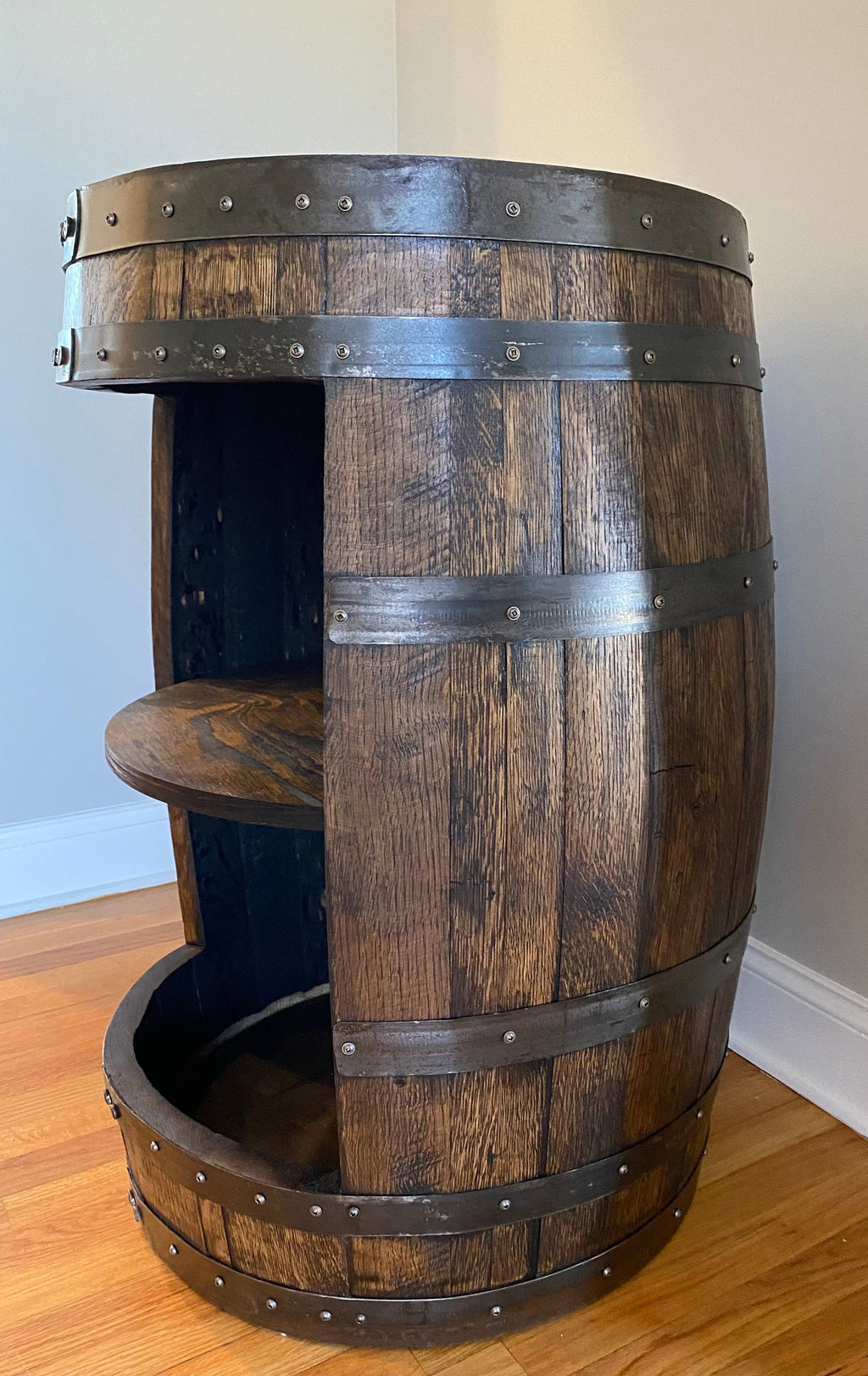 Whiskey Barrel Liquor Cabinet | Handcrafted from an Authentic Whiskey Barrel | Personalization Available